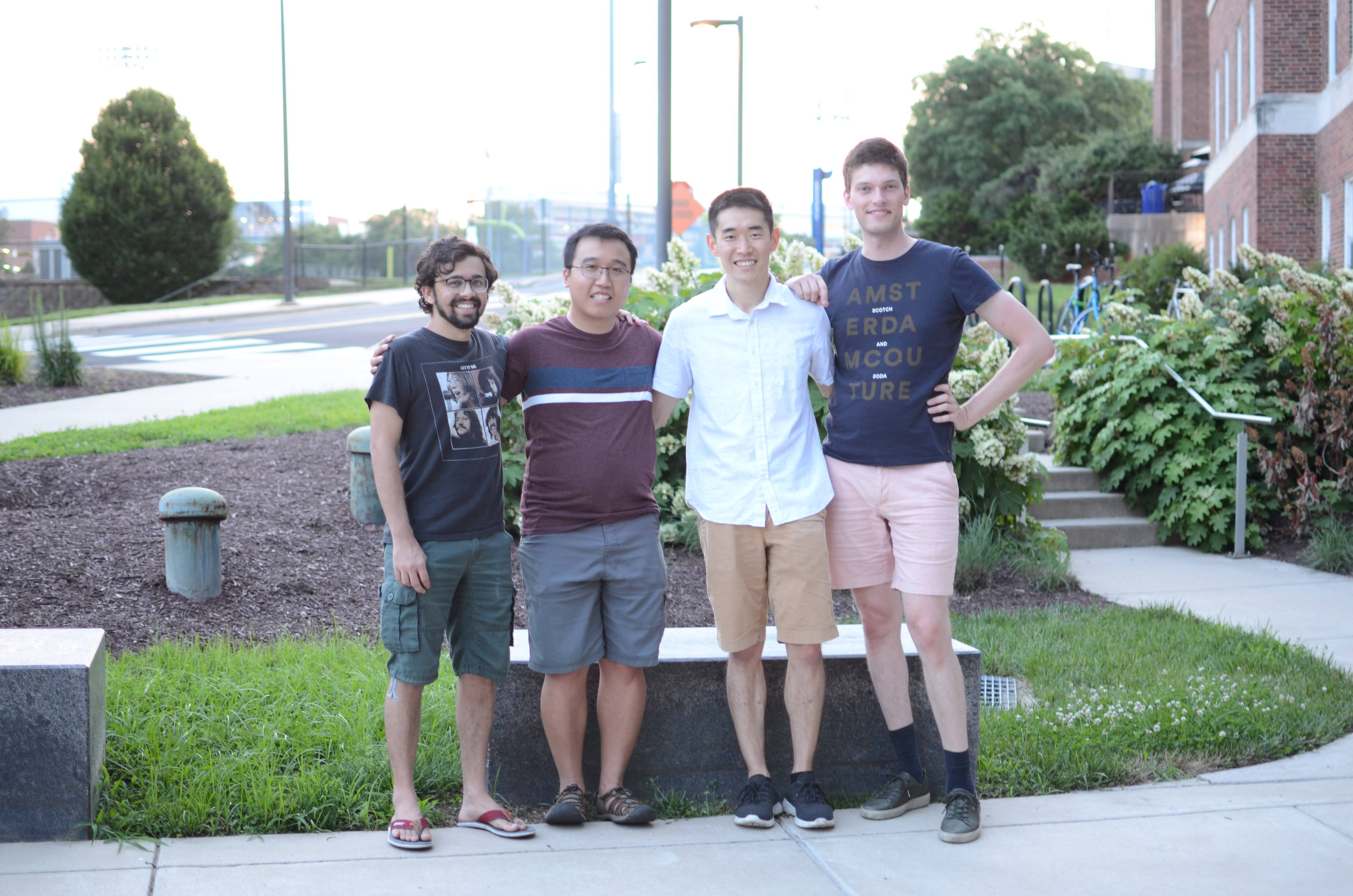  Andrew Guo with three other recipients of QuICS Lanczos Graduate Fellowships. From left to right: Aniruddha Bapat, Minh Tran, Andrew Guo, and Eddie Schoute.  Image credit: Arushi Bodas