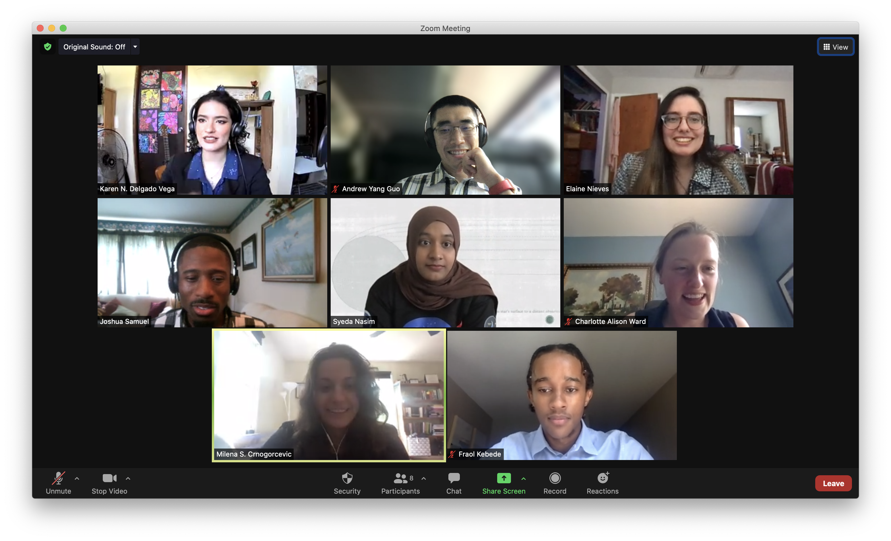 Andrew Guo and his co-leads Milena Crnogorčević and Charlotte Ward on a video chat with five participants of the 2021 Summer Scholars Program. 