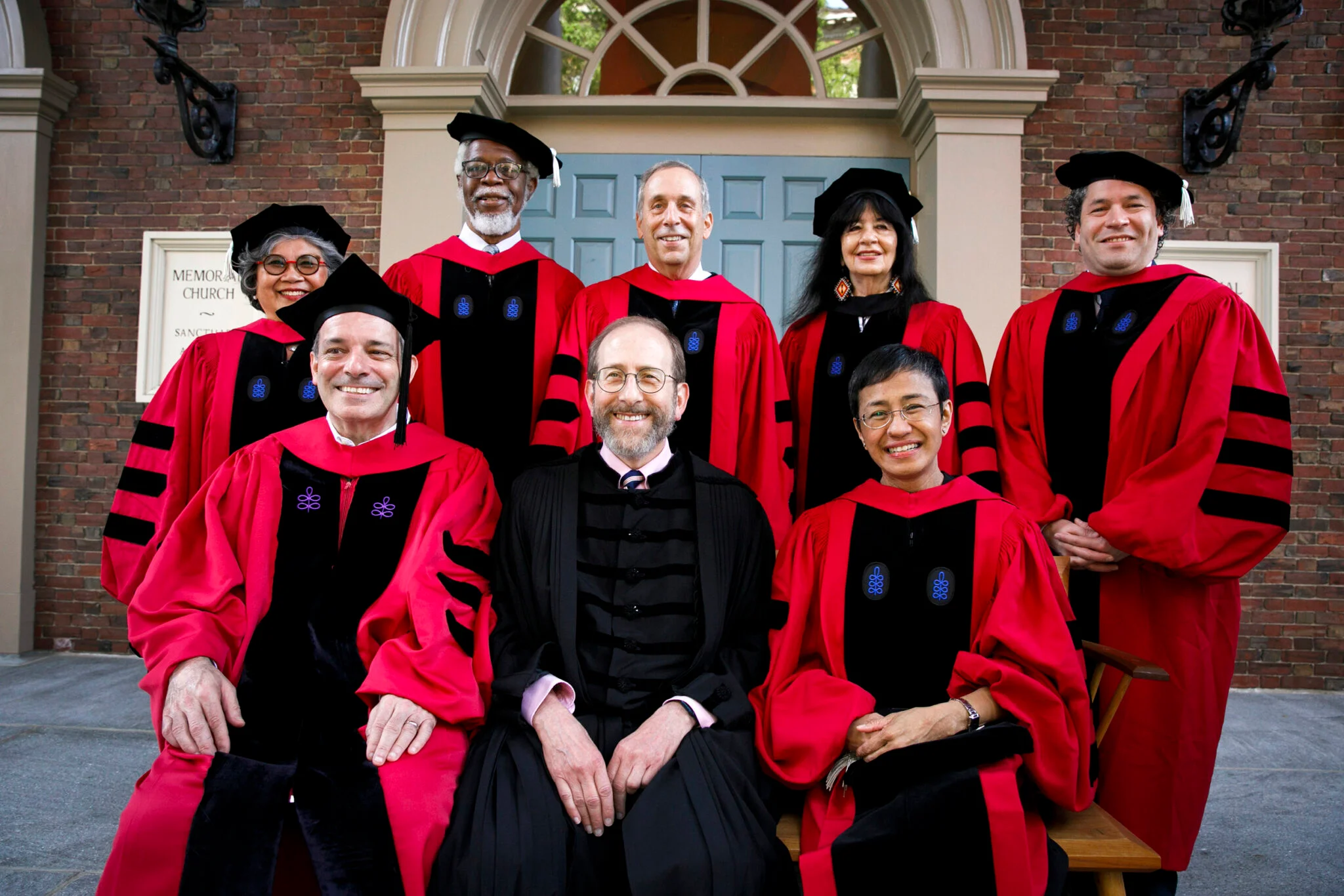 Honorary degree recipients Jennie Chin Hansen (clockwise from top left), Sylvester James Gates Jr., Lawrence S. Bacow, Joy Harjo-Sapulpa, Gustavo Adolfo Dudamel Ramírez, and Maria Ressa with interim President Alan Garber and interim Provost John Manning.  Credit: Stephanie Mitchell/Harvard Staff Photographer