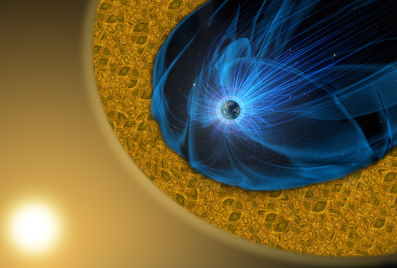 Earth is surrounded by a protective magnetic environment — the magnetosphere —shown here in blue, which deflects a supersonic stream of charged particles from the Sun, known as the solar wind. As the particles flow around the Earth’s magnetosphere, it forms a highly turbulent boundary layer called the magnetosheath, shown in yellow. Scientists, like those involved with NASA’s Magnetospheric Multiscale mission, are studying this turbulent region to help us learn more about our dynamic space environment.  Credit: NASA's Goddard Space Flight Center/Mary Pat Hrybyk-Keith