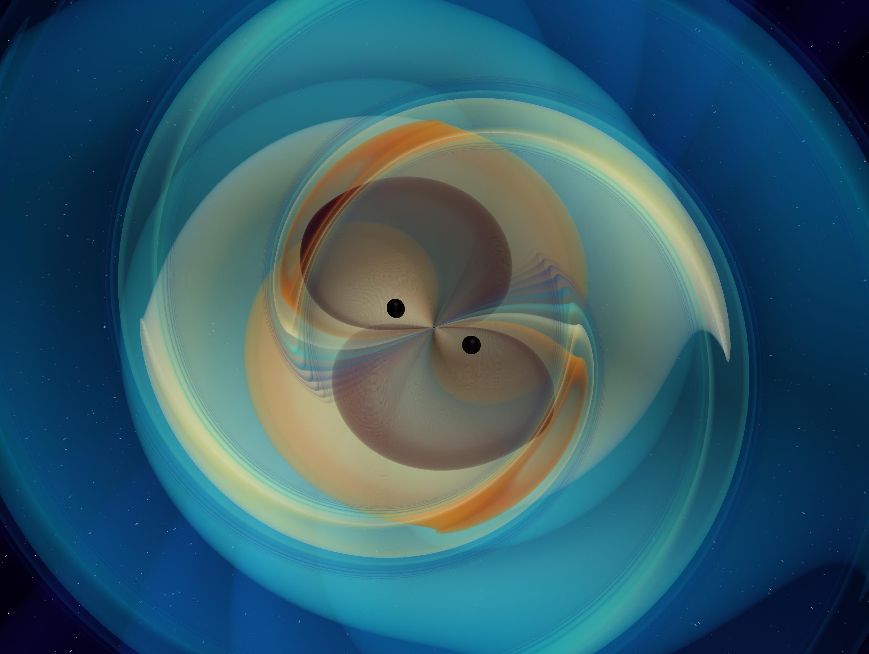 Numerical simulation of two black holes that spiral inwards and merge, emitting gravitational waves. The simulated gravitational wave signal is consistent with the observation made by the LIGO and Virgo gravitational wave detectors on May 21st, 2019 (GW190521). Image Copyright © N. Fischer, H. Pfeiffer, A. Buonanno (Max Planck Institute for Gravitational Physics), Simulating eXtreme Spacetimes (SXS) Collaboration.  