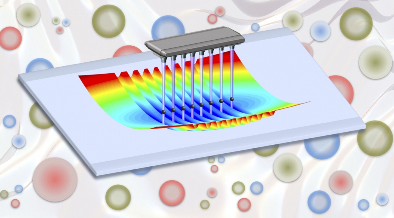 Trapped ion quantum simulators may soon offer new means to explore the properties of matter emerging from complex interactions among quarks, gluons and the other fundamental building blocks of nature. (Credit: A. Shaw and Z. Davoudi/University of Maryland)