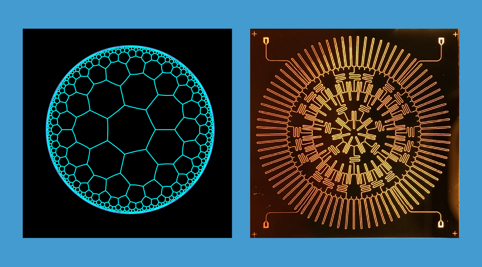 On the left is a representation of a grid of heptagons in a hyperbolic space. To fit the uniform hyperbolic grid into “flat” space, the size and shape of the heptagons are distorted. In the appropriate hyperbolic space, each heptagon would have an identical shape and size, instead of getting smaller and more distorted toward the edges. On the right is a circuit that simulates a similar hyperbolic grid by directing microwaves through a maze of zig-zagging superconducting resonators. (Credit: Springer Nature; Produced by Princeton, Houck Lab)