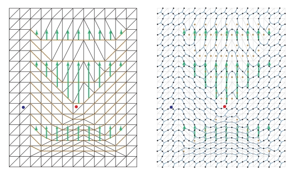  Networks of qubits (represented by black dots in the image on the right) are deformed in order to braid two regions (represented by red and blue dots) around each other. These images show two intermediate stages of the process. Images provided courtesy of the authors.