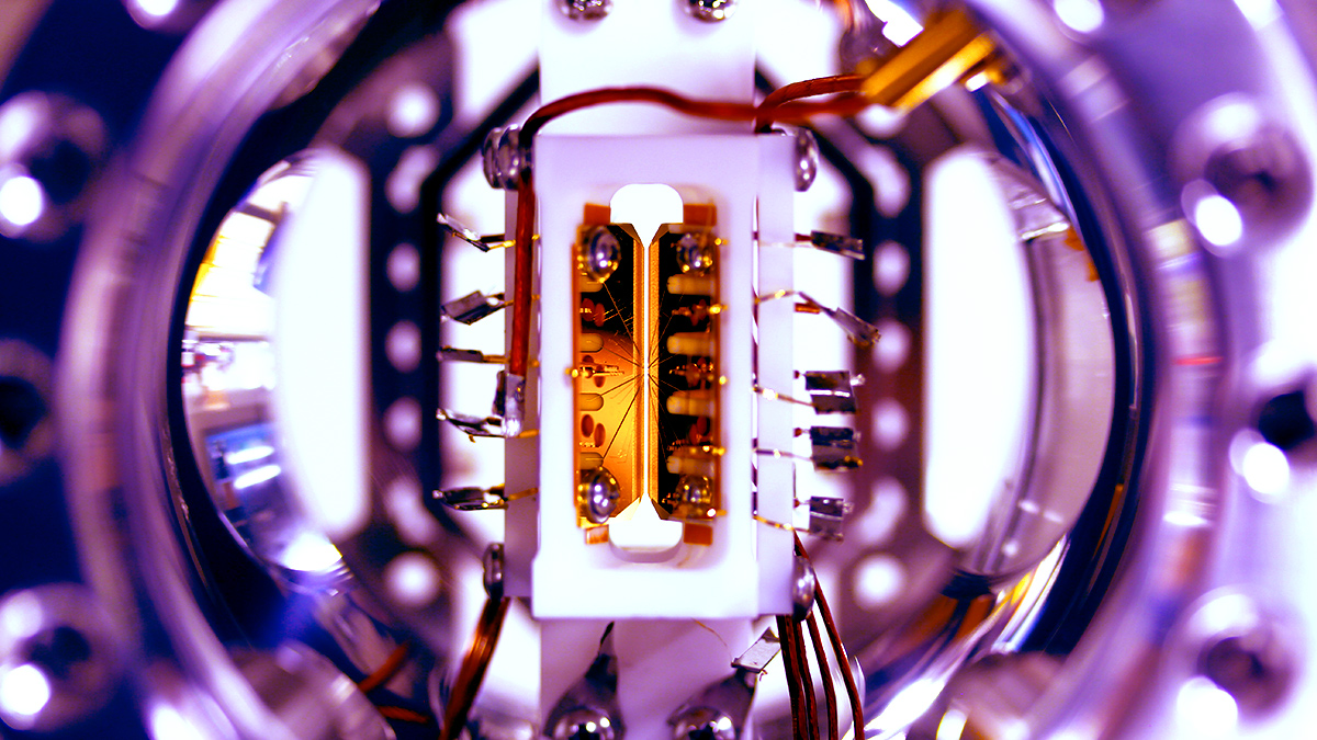 Close-up photo of an ion trap. Credit: S. Debnath and E. Edwards/JQI