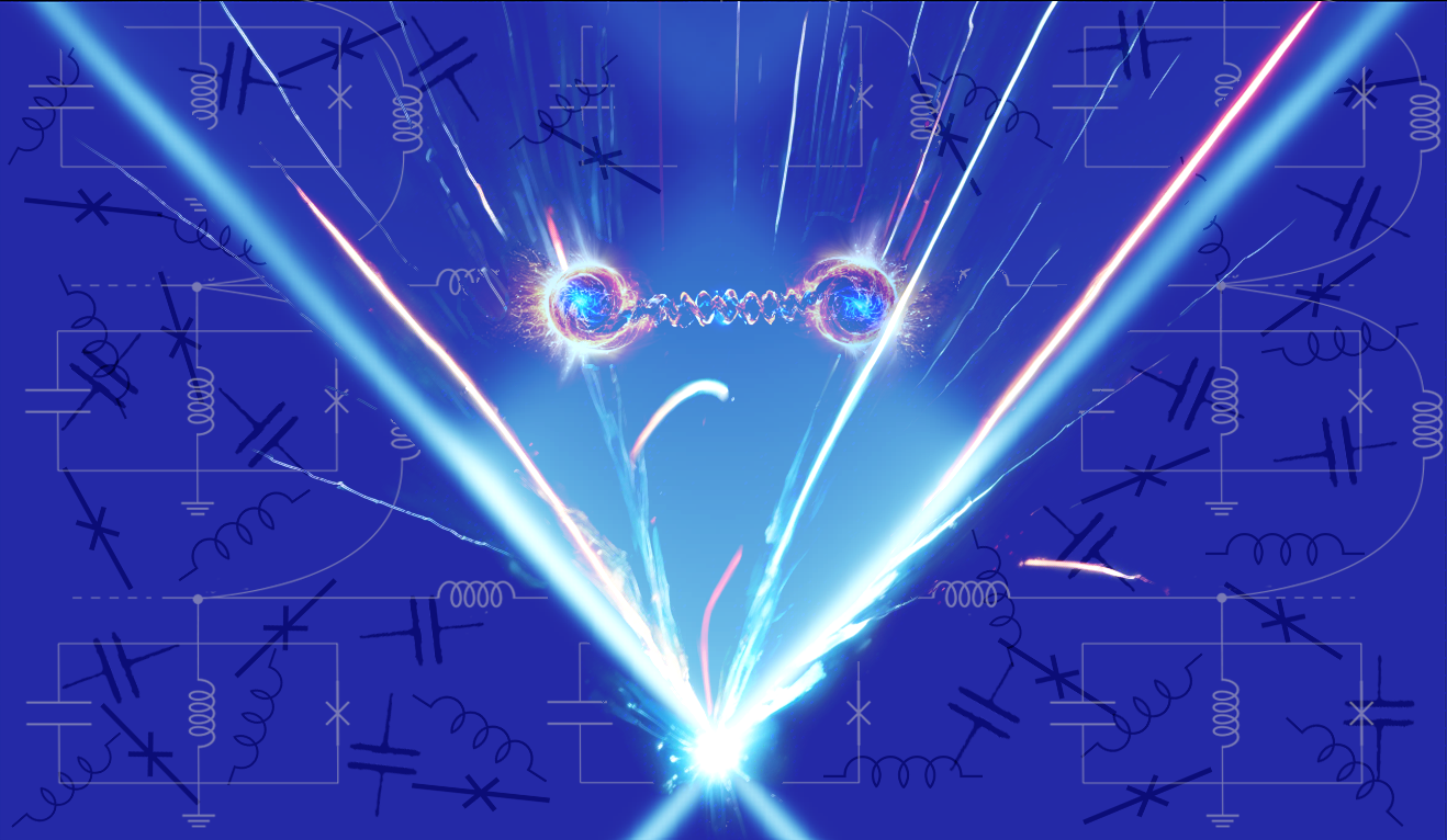 A spring-like force, called the strong force, works to keep quarks—represented by glowing spheres—together as they move apart after a collision. Quantum simulations proposed to run on superconducting circuits might provide insight into the strong force and how collisions produce new particles. The diagrams in the background represent components used in superconducting quantum devices. (Credit: Ron Belyansky)