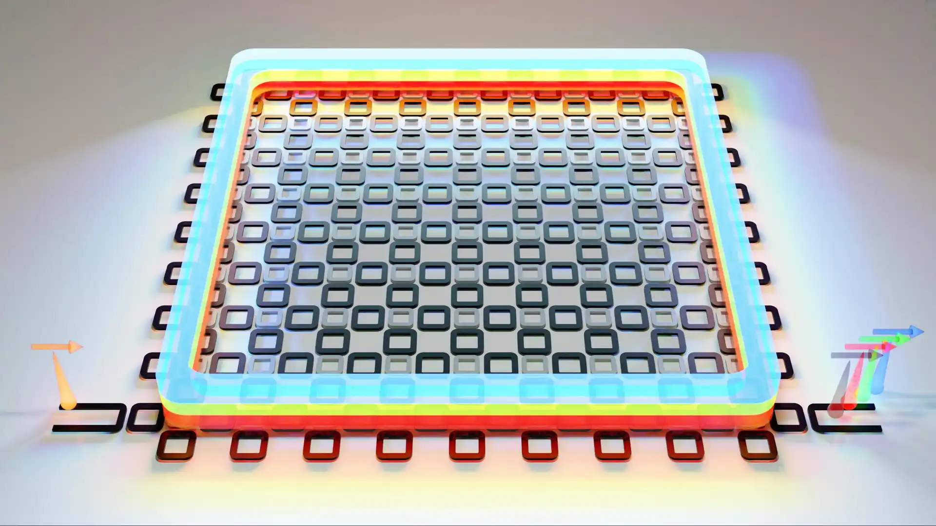 Researchers at JQI have designed and tested new chips that reliably convert one color of light (represented by the orange pulse in the lower left corner of the image above) into many colors (represented by the red, green, blue and dark grey pulses leaving the chip in the lower right corner). The array of rings—each one a resonator that allows light to circulate hundreds of thousands or millions of times—ensures that the interaction between the incoming light and the chip can double, triple and quadruple its frequency. (Credit: Mahmoud Jalali Mehrabad/JQI)
