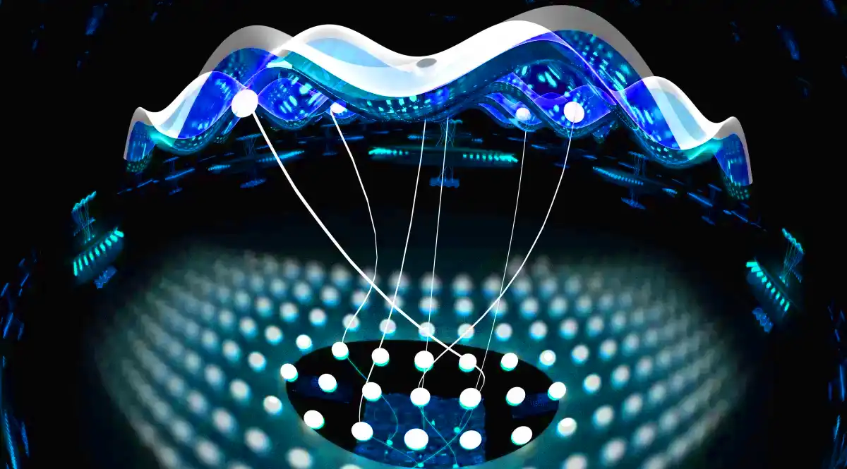An artistic rendering of a neural network consisting of two layers. The top layer represents a real collection of quantum particles, like atoms in an optical lattice. The connections with the hidden neurons below account for the particles’ interactions. (Credit: Modified from original artwork created by E. Edwards/JQI)
