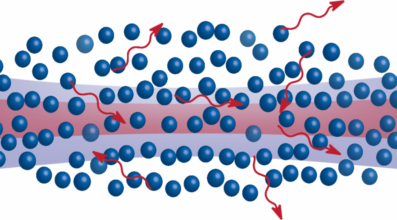 A cloud of Rydberg atoms can scatter most light to whittle a laser down to train of individual photons. But photons can get re-absorbed within the larger control beam making things more complicated. (Credit: Przemyslaw Bienias, University of Maryland)