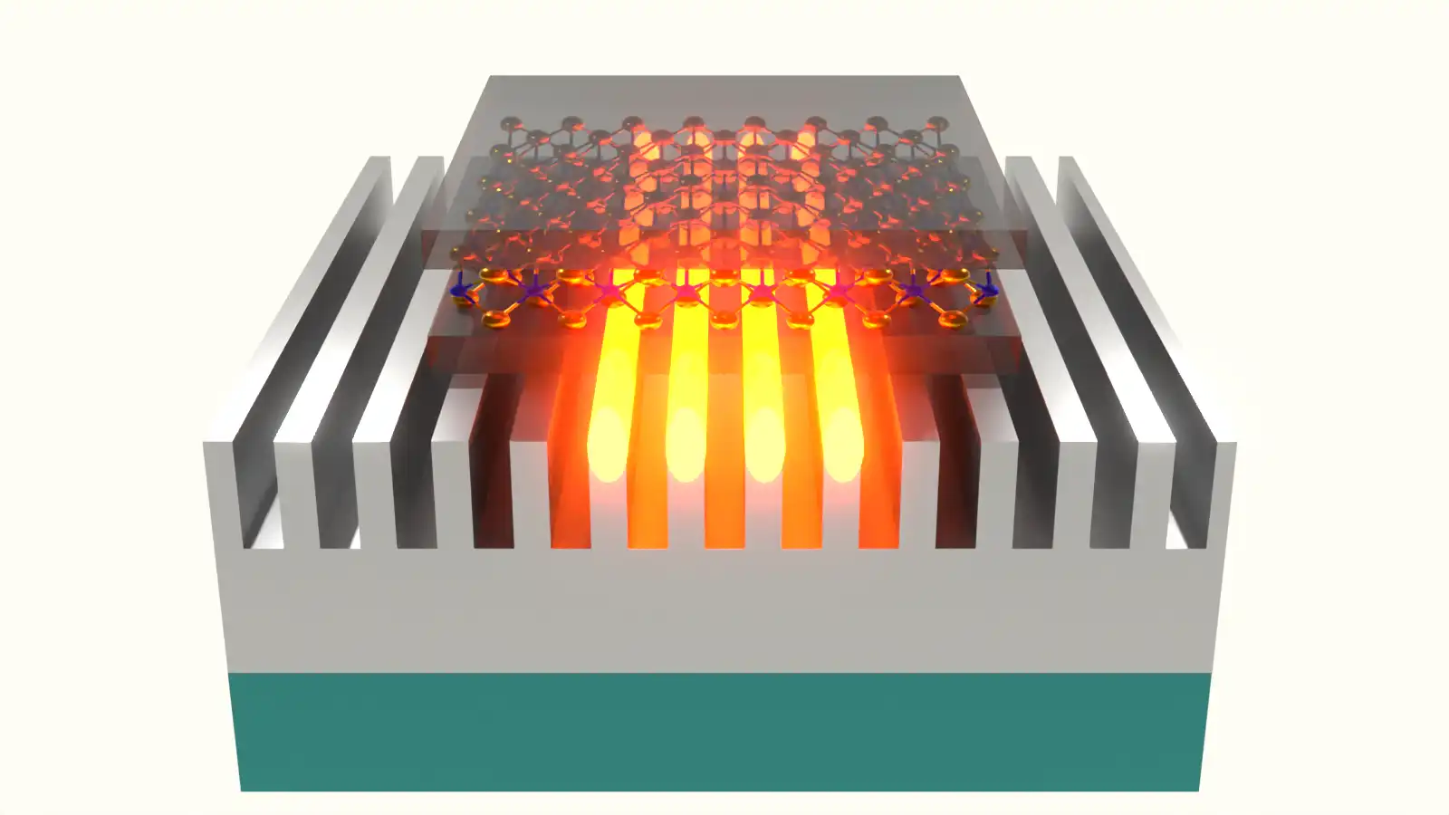 A new chip made from silver efficiently guides energy to an experimental sample via an array of meticulously sized grooves. The chip delivers the energy from laser light with a wavelength of 800 nanometers to a material sample at a resolution of just a few dozen nanometers, sidestepping a limit that physics puts on laser beams. (Credit: Mahmoud Jalali Mehrabad/JQI)