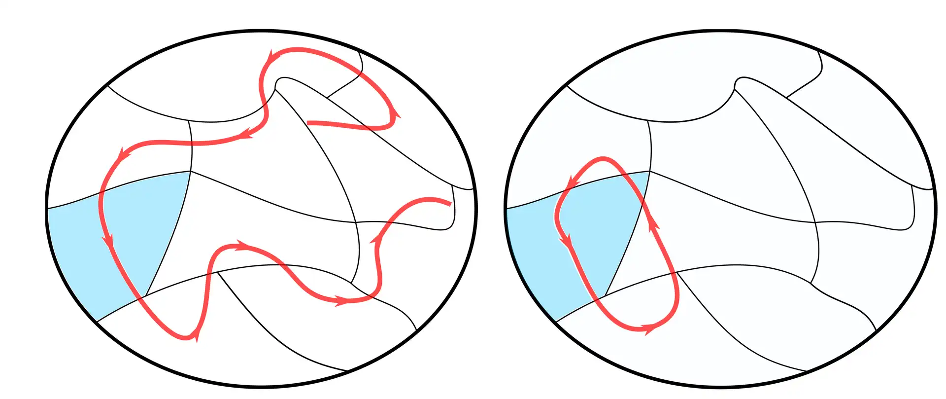 A system is ergodic if a particle traveling through it will eventually visit every possible point. In quantum mechanics, you never know exactly what point a particle is at, making ergodicity hard to track. In this schematic, the available space is divided into quantum-friendly cells, and an ergodic particle (left) winds through each of the cells, while a non-ergodic one (right) only visits a few. (Credit: Amit Vikram/JQI)
