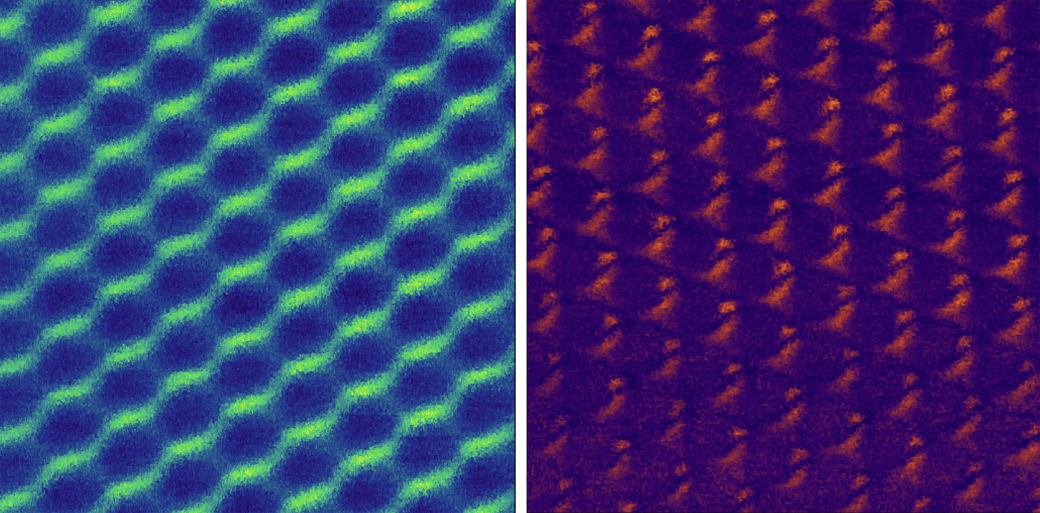 Caption: Two torsional force microscopy (TFM) images of bilayer graphene. On the left, standard TFM captures the material's signature honeycomb lattice. On the right, the new method (TFM-IR) captures much more detail about how the chemistry of the surface responds to infrared light. (Images courtesy of the authors.)