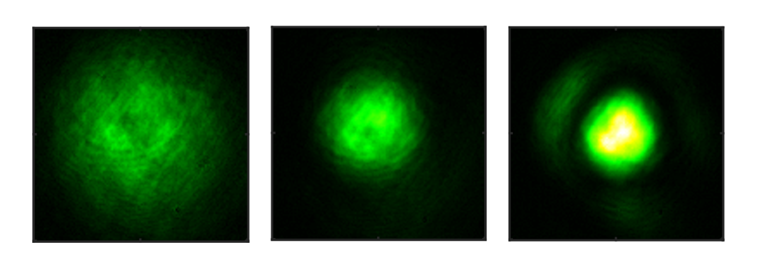 An unguided continuous wave green laser beam (left), and the same beam guided by an air waveguide generated at 10 Hz (center) and at 1000 Hz (right). The air waveguide on the right is essentially continuously operating.